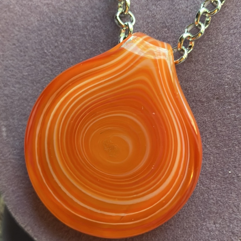 Murano Blown Glass Orange Round Pendant on 18” Silver Tone Link Chain - Picture 2 of 4